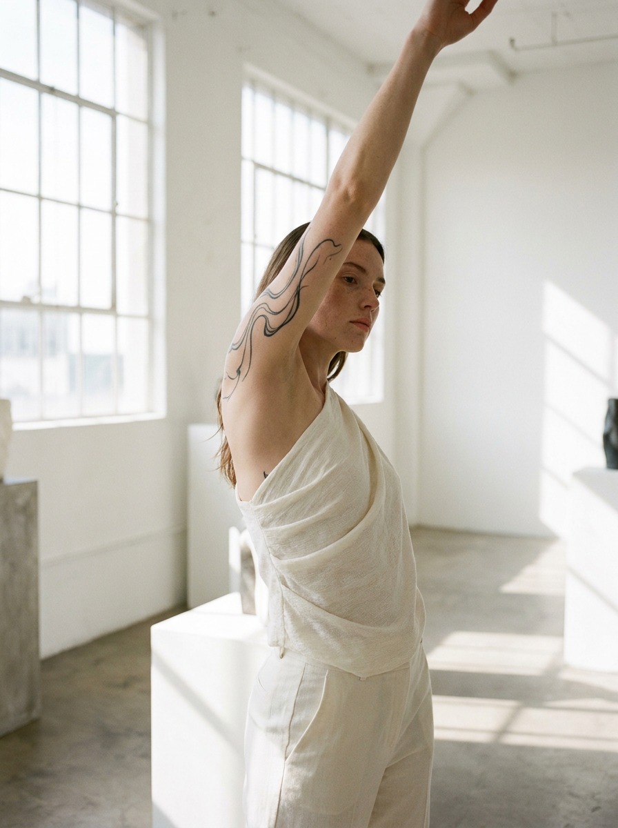 Model raising an arm to show how a shoulder tattoo moves with the deltoid