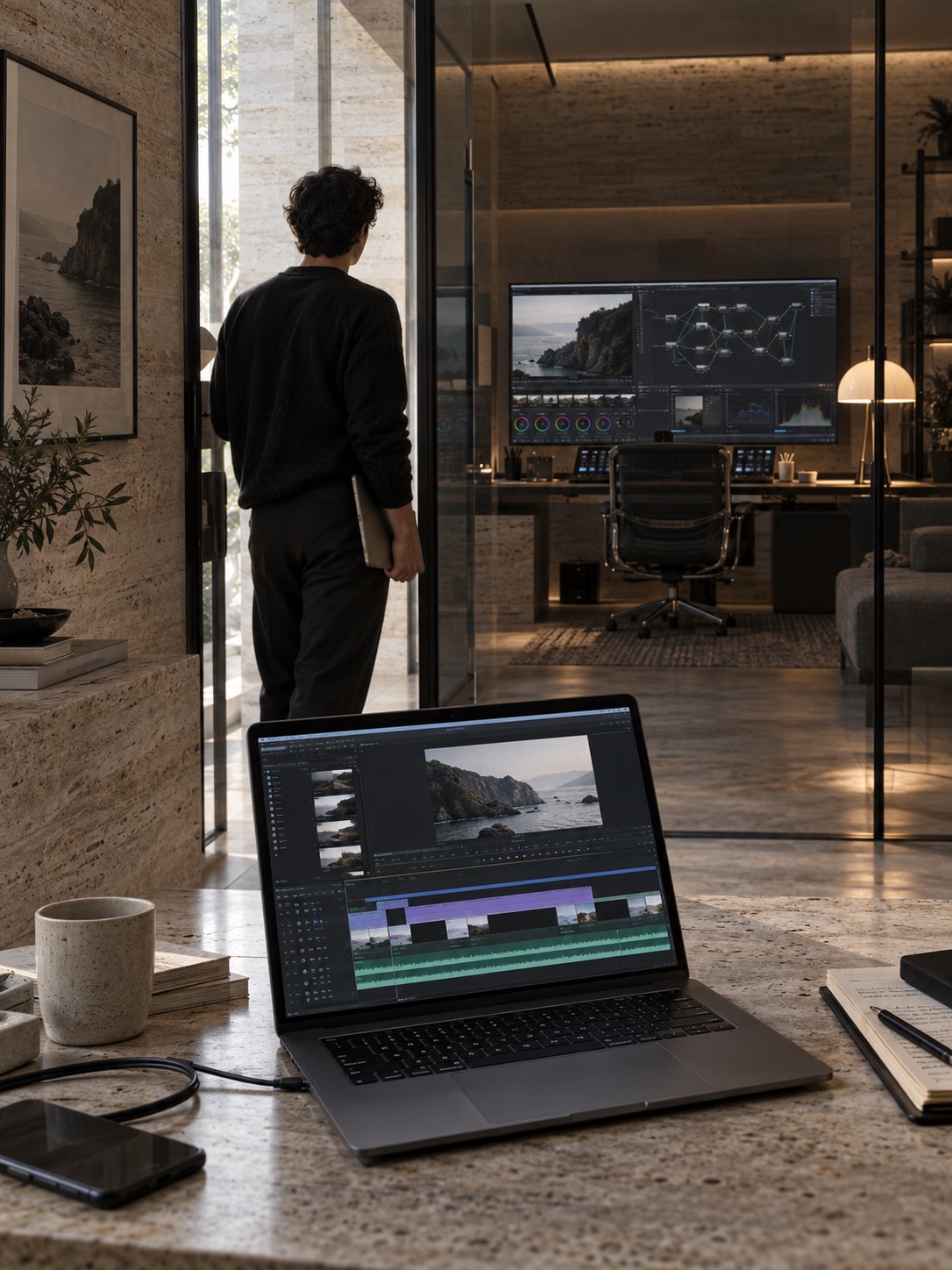 Simple editor versus professional motion pipeline Two workstations comparing a simple timeline with a complex professional motion pipeline | Sky Rye Design Two workstations comparing a simple timeline with a complex professional motion pipeline