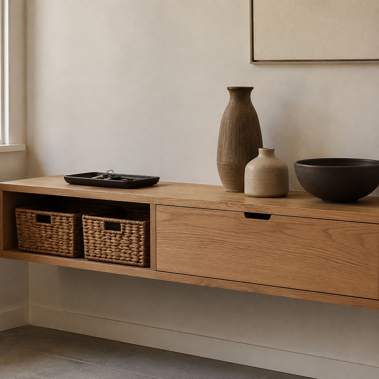 Simple storage harmonious room Low wall-mounted oak cabinet with woven baskets, a clean tray for keys, hidden cable storage, and edited ceramic objects above. | Sky Rye Design Low wall-mounted oak cabinet with woven baskets, a clean tray for keys, hidden cable storage, and edited ceramic objects above.