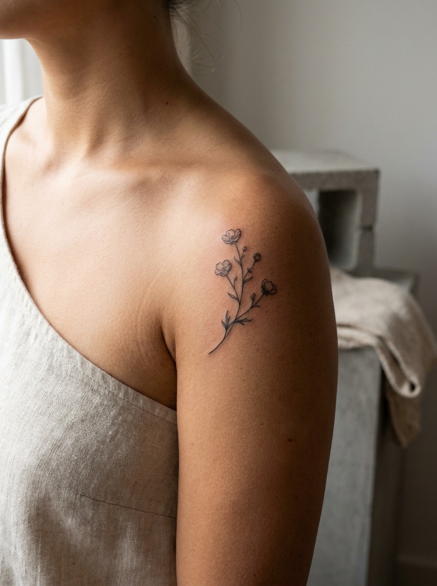 Single wildflower tattoo on the front deltoid