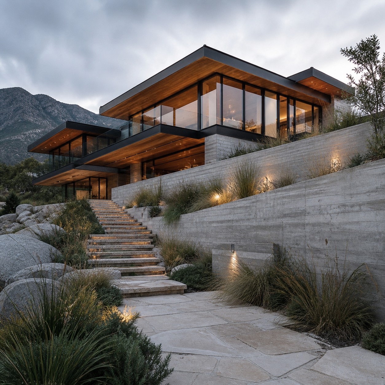 Contemporary hillside house stepping with the slope through terraced volumes, glass corners, and warm wood ceilings.
