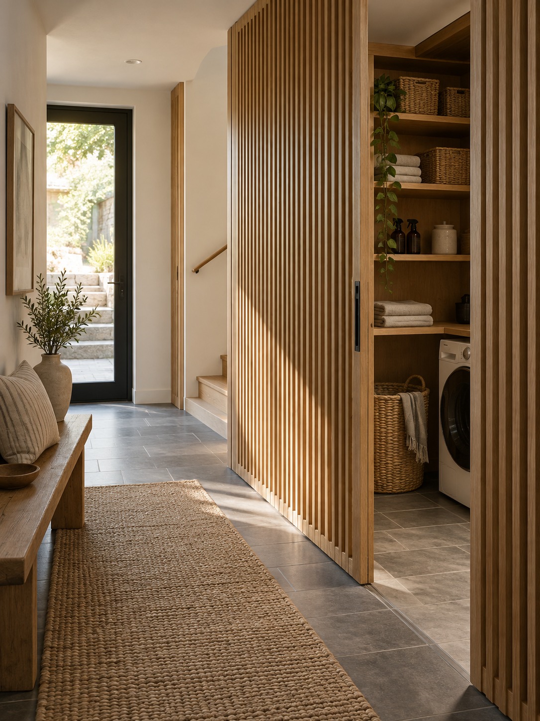 Slatted oak utility closet screen Slatted oak screen concealing a utility closet in a modern mudroom hallway | Sky Rye Design Slatted oak screen concealing a utility closet in a modern mudroom hallway
