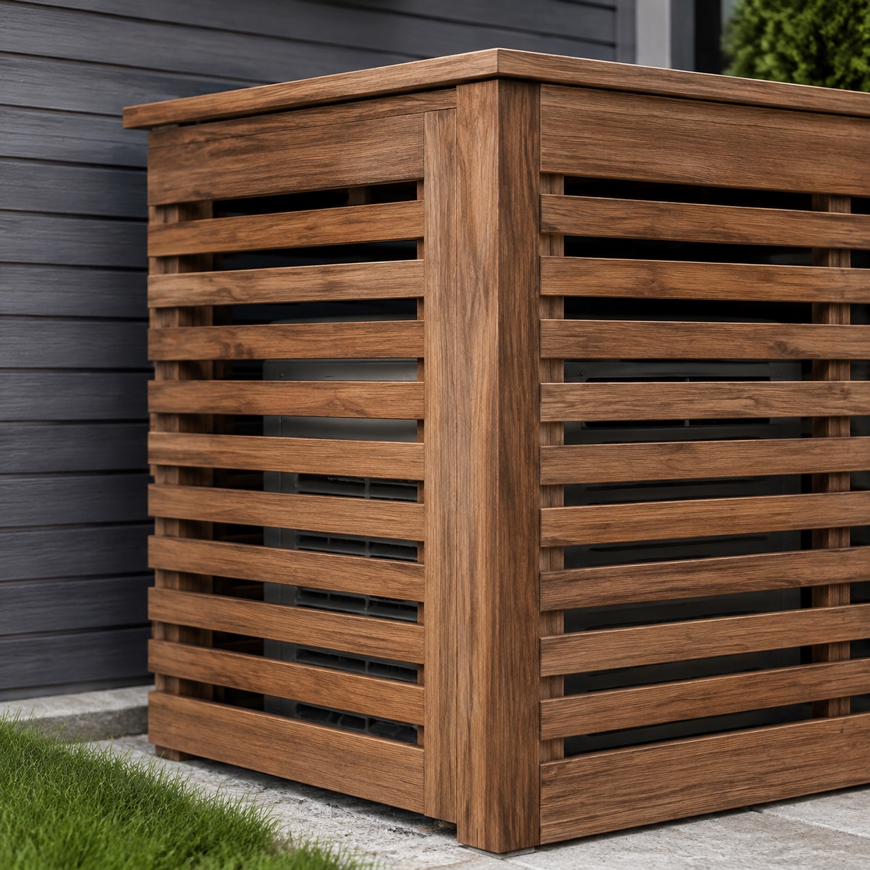 Slatted Wood Screen Around Standby Generator Standby generator concealed behind a slatted wood privacy screen beside a modern home. | Sky Rye Design Standby generator concealed behind a slatted wood privacy screen beside a modern home.