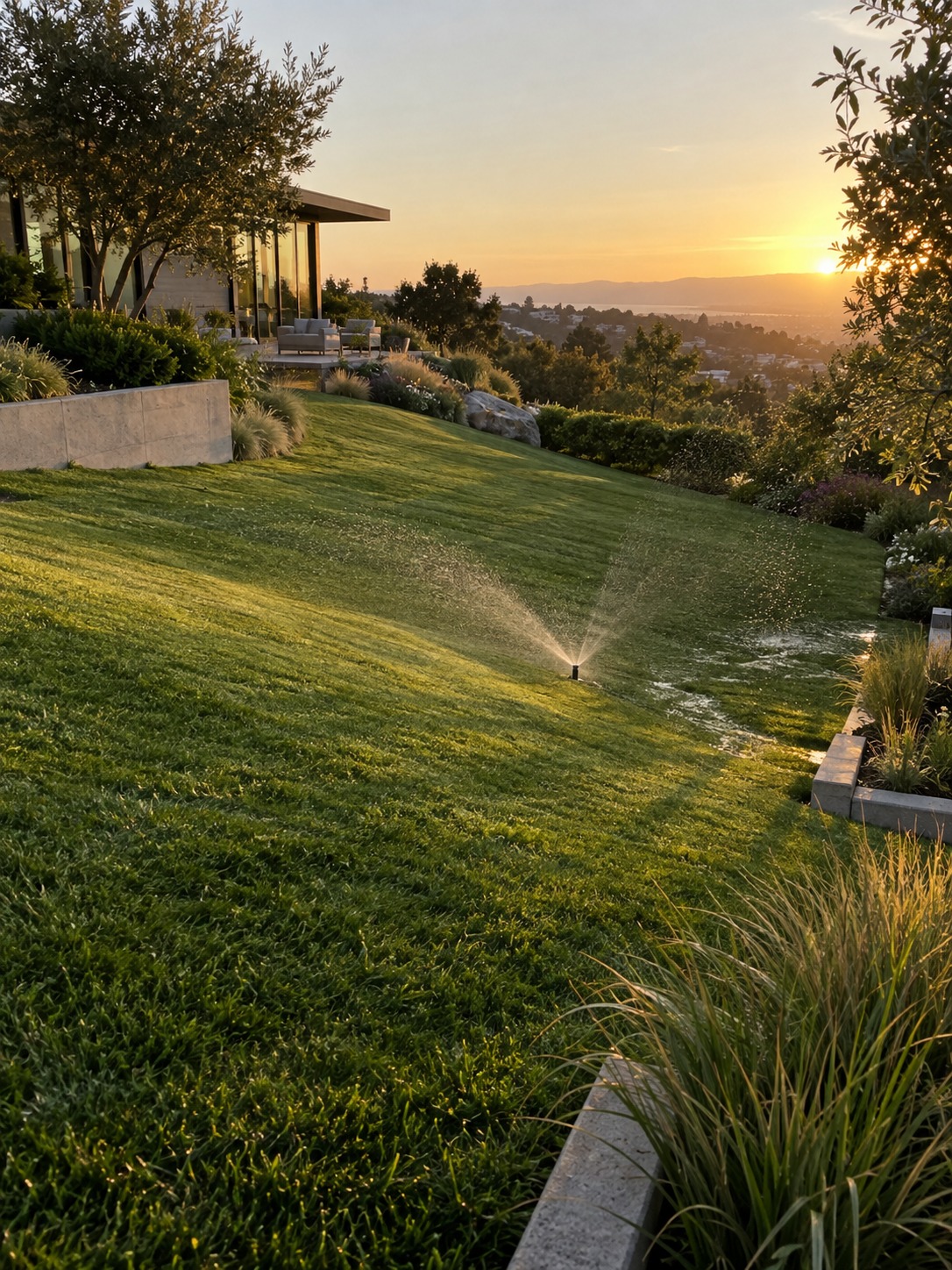 Modern sloped lawn with a sprinkler operating near the lowest point of the irrigation zone