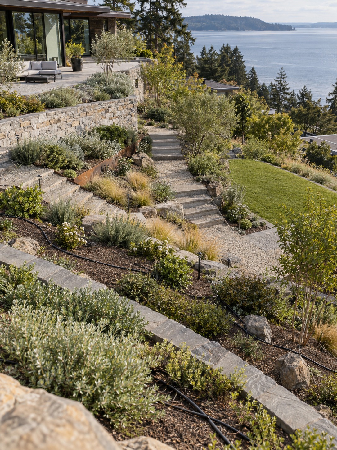 Modern sloped property with irrigation zones separated across distinct elevation bands