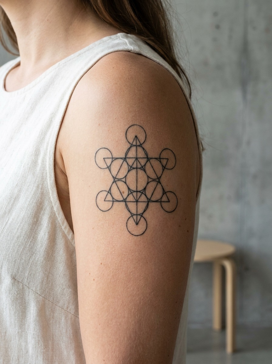 Small geometric line tattoo centered on the front deltoid