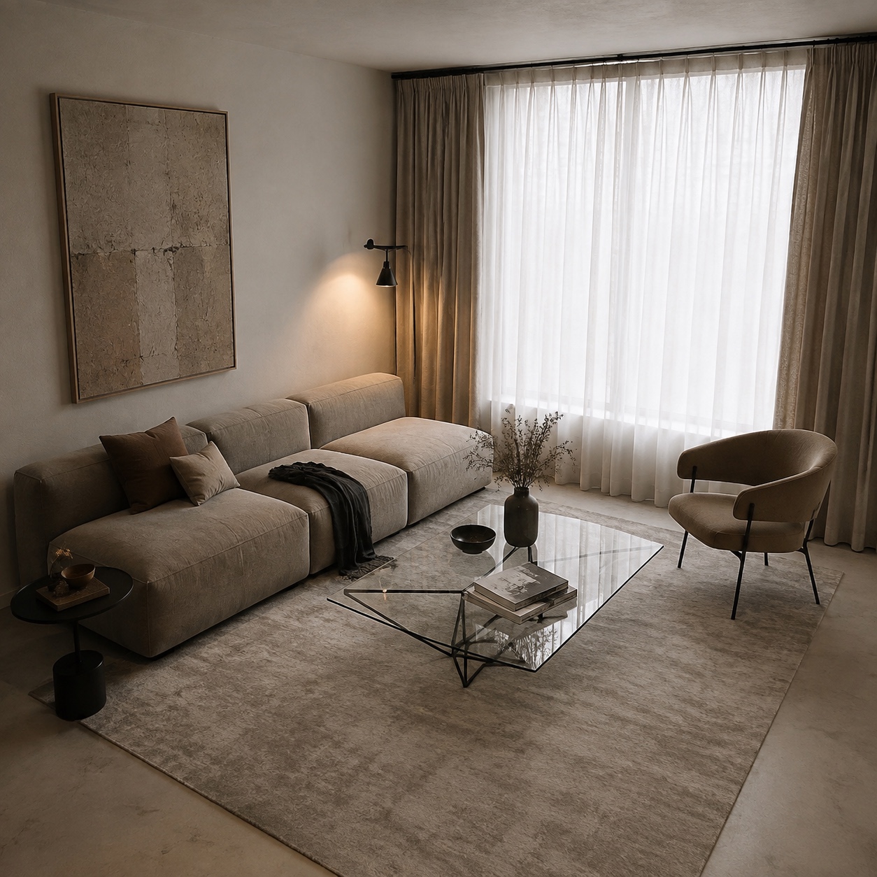 Small living room rug proportion Luxury small living room with a large rug, compact modular sofa, thin-leg accent chair, glass coffee table, and tall curtains. | Sky Rye Design Luxury small living room with a large rug, compact modular sofa, thin-leg accent chair, glass coffee table, and tall curtains.