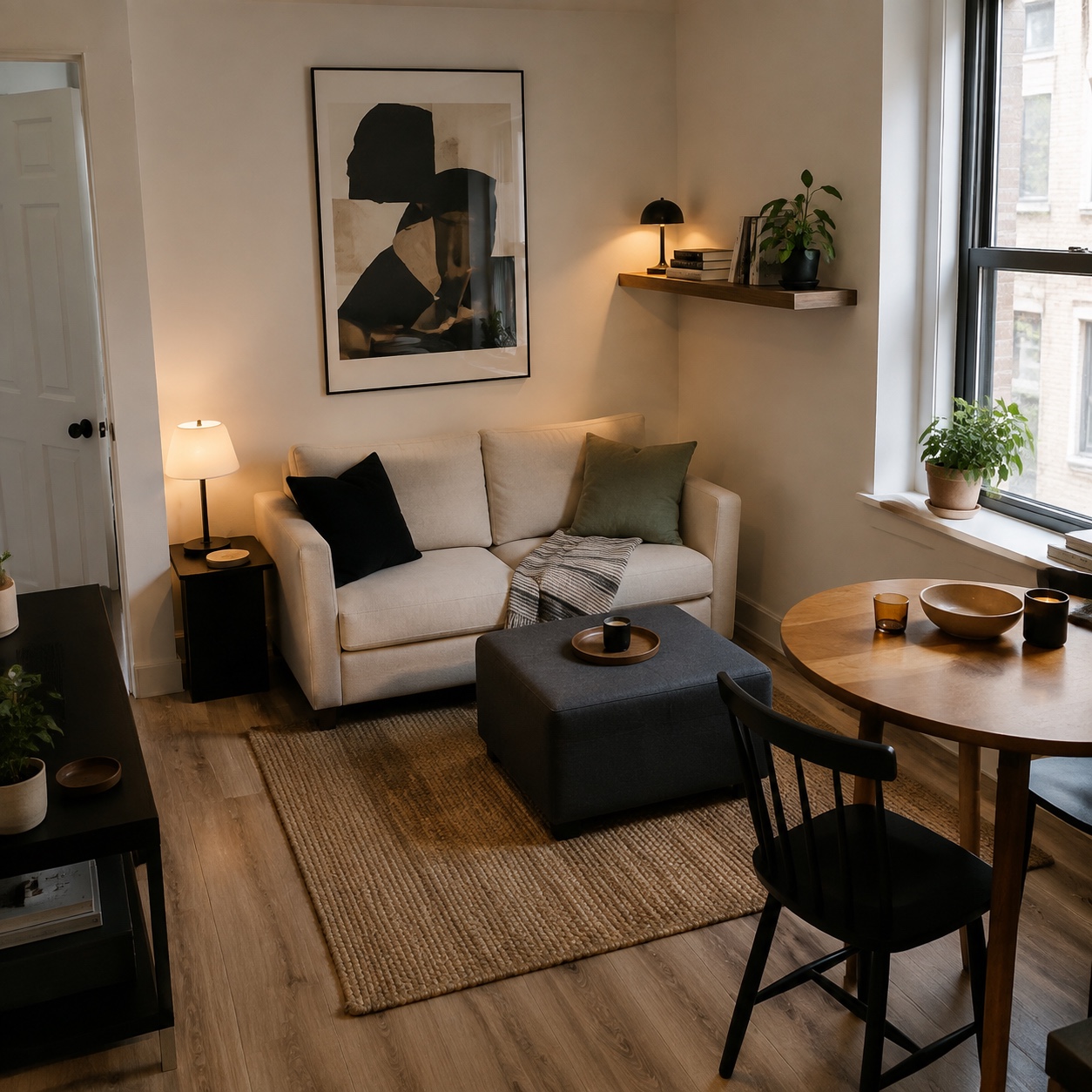 Small student apartment layout balance Compact student apartment living room with a cream loveseat, wall-mounted shelf, round table, storage ottoman, and oversized framed print. | Sky Rye Design Compact student apartment living room with a cream loveseat, wall-mounted shelf, round table, storage ottoman, and oversized framed print.