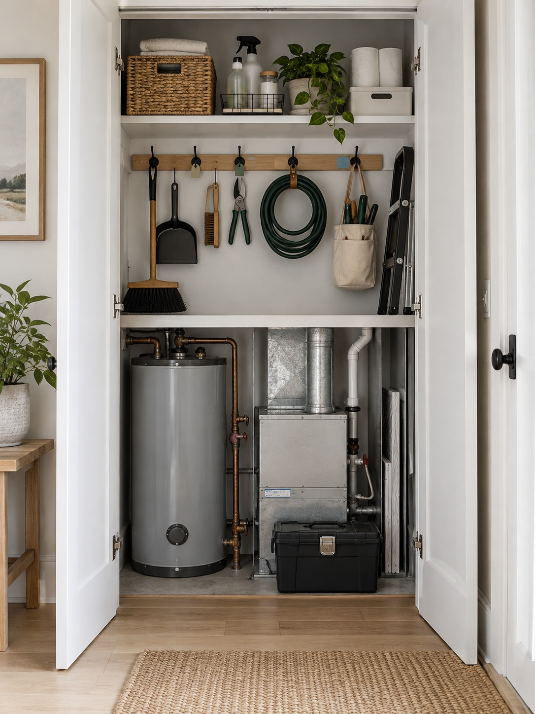 Small utility closet with storage zones Compact utility closet organized into equipment, tool and upper storage zones | Sky Rye Design Compact utility closet organized into equipment, tool and upper storage zones