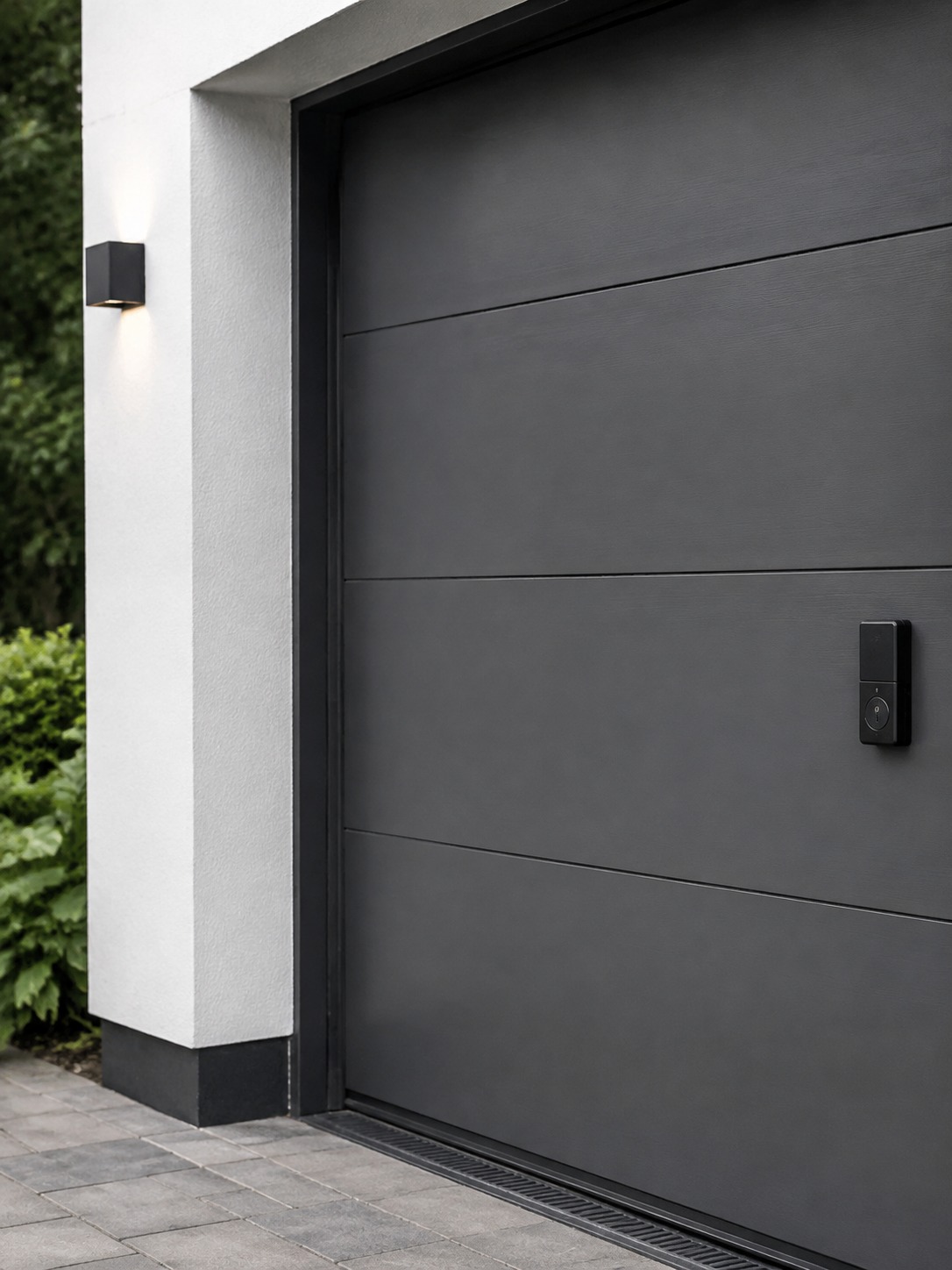 Smart garage door security hardware Close-up of a modern dark gray sectional garage door with a wall lantern on the left and a small keypad on the right side of the door. | Sky Rye Design A matte modern garage door with integrated smart security hardware and no visible wiring.