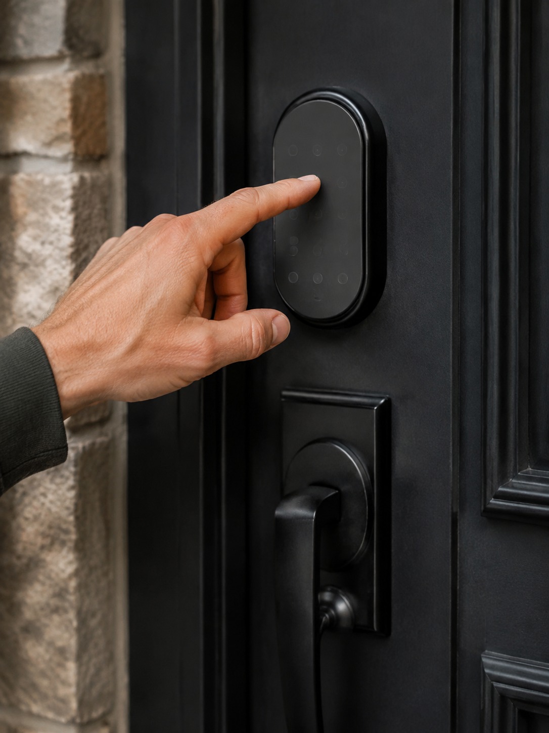 Smart lock front door close-up A hand touches a matte black smart lock keypad on a front door with matching black hardware. | Sky Rye Design A hand touches a matte black smart lock keypad on a front door with matching black hardware.