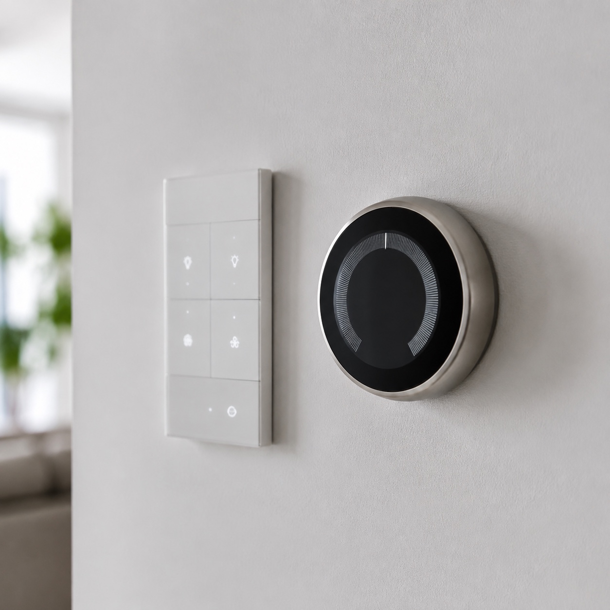 Smart Thermostat and Home Automation Panel Smart thermostat and home automation control panel on a minimalist interior wall. | Sky Rye Design Smart thermostat and home automation control panel on a minimalist interior wall.