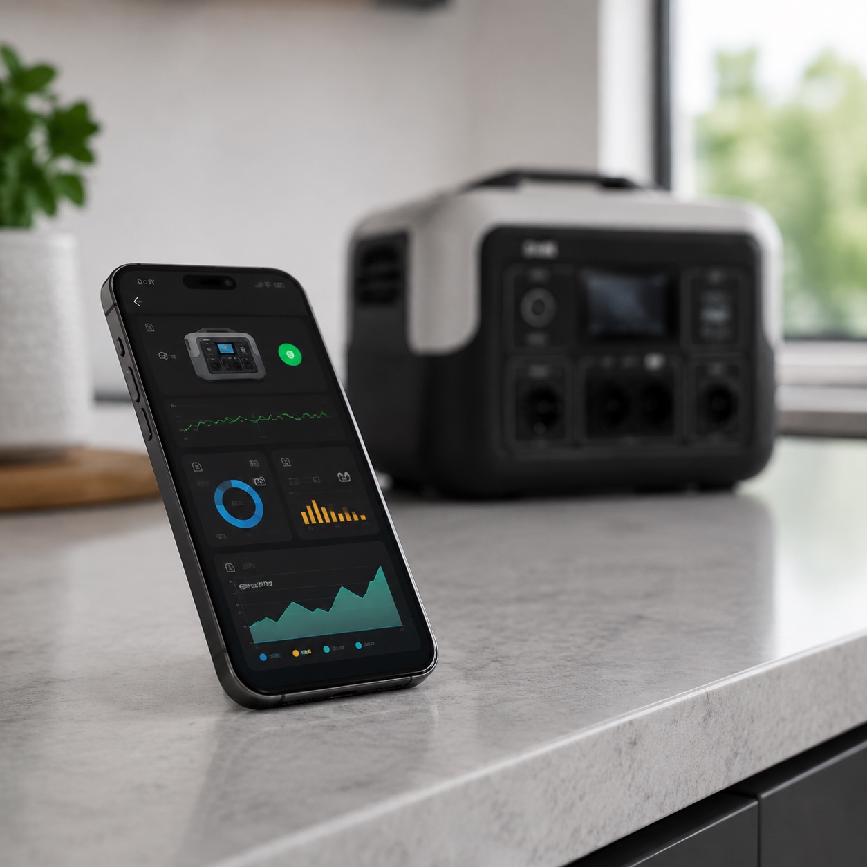 Smartphone With Generator Status and Energy App Smartphone on a kitchen counter showing data dashboards, with a portable projector in the blurred background. | Sky Rye Design Smartphone on a kitchen counter showing an abstract energy monitoring app beside backup power equipment.