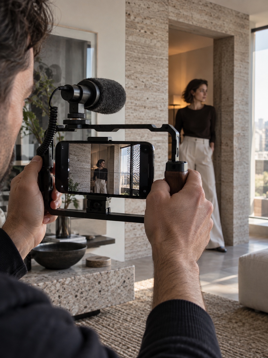 Smartphone videography frame guides Smartphone in a compact metal cage displaying frame guides while filming a person in a modern interior. | Sky Rye Design Smartphone in a compact metal cage displaying frame guides while filming a person in a modern interior.