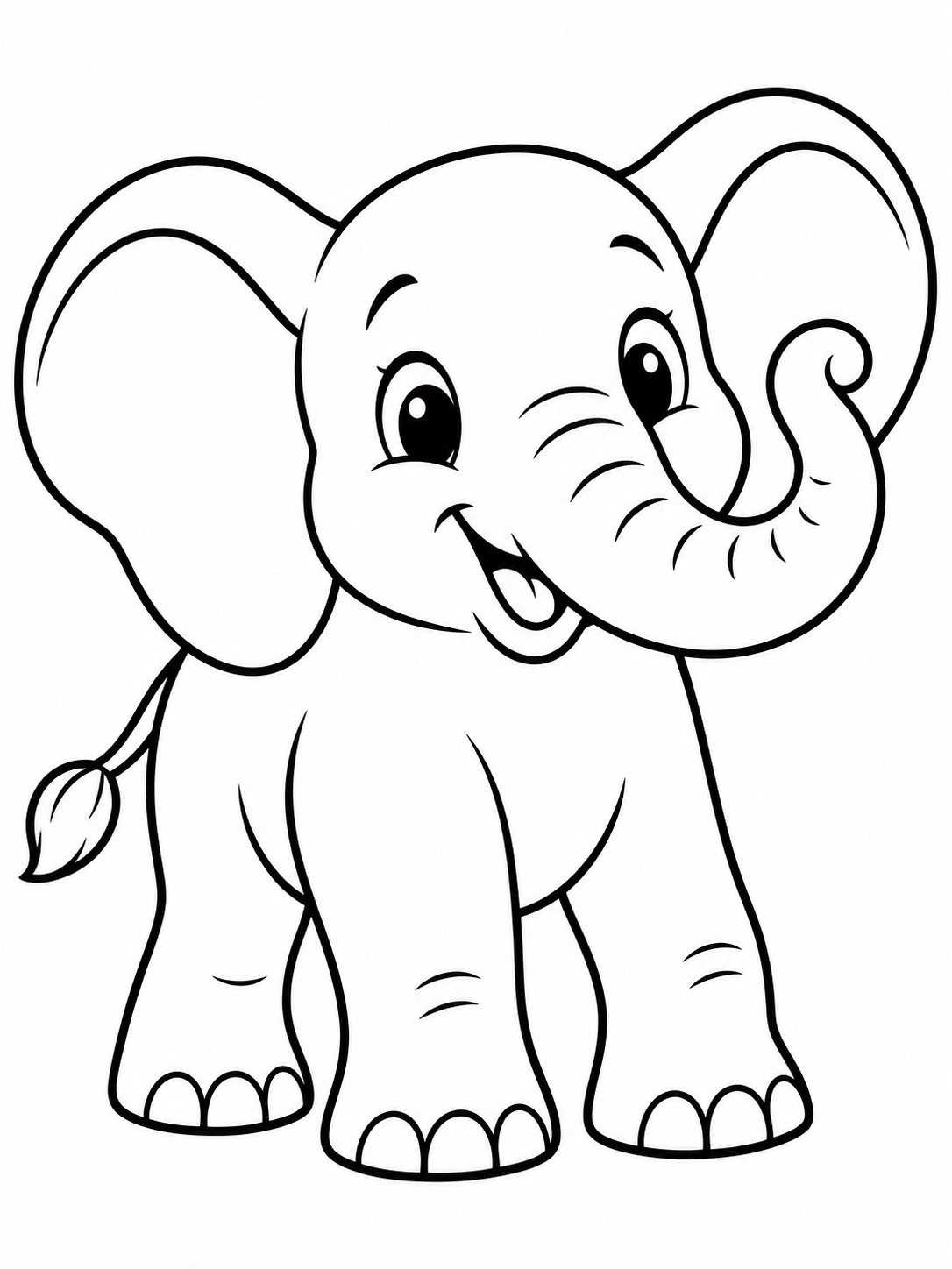 Smiling elephant easy coloring page Smiling elephant with rounded ears and a curled trunk in thick black outlines. | Sky Rye Design Smiling elephant with rounded ears and a curled trunk in thick black outlines.