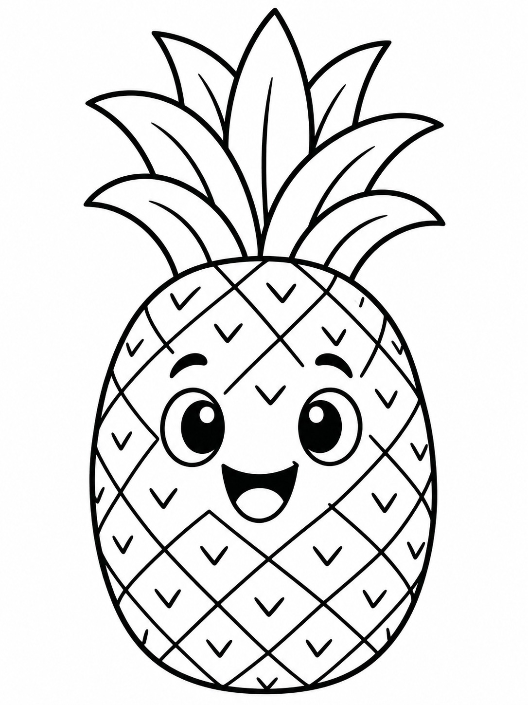 Smiling pineapple coloring page Smiling pineapple with a leafy crown and bold diamond-shaped sections. | Sky Rye Design Smiling pineapple with a leafy crown and bold diamond-shaped sections.