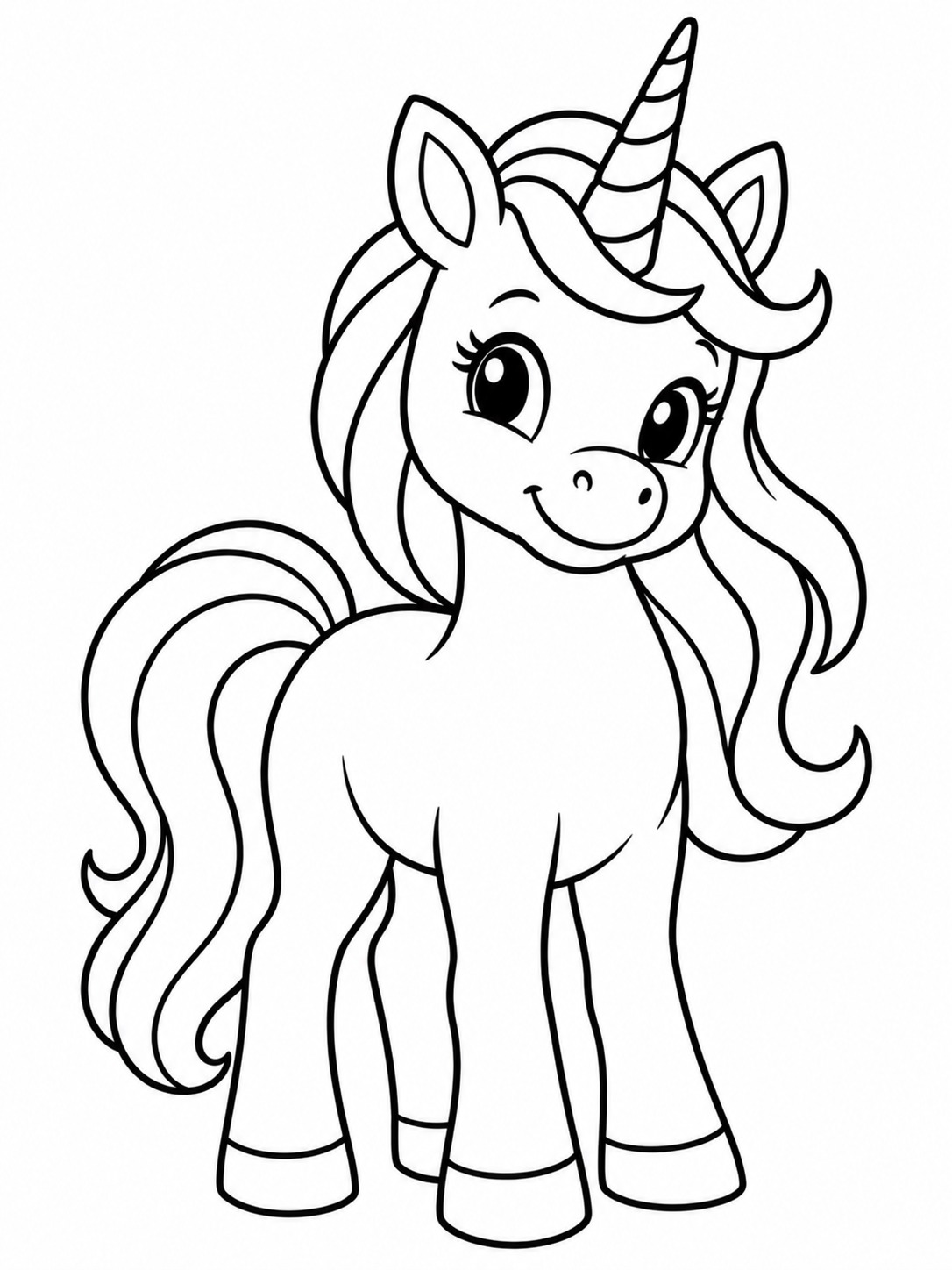 Smiling unicorn coloring page Smiling unicorn with a single horn and a flowing mane in simple line art. | Sky Rye Design Smiling unicorn with a single horn and a flowing mane in simple line art.