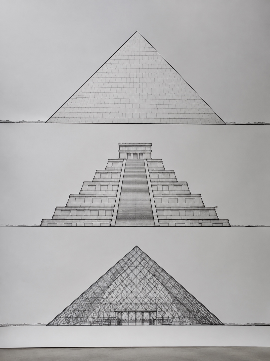 Smooth Stepped and Glass Pyramid Comparison Comparison of smooth-faced, stepped, and glass pyramid forms as clean line silhouettes. | Sky Rye Design Comparison of smooth-faced, stepped, and glass pyramid forms as clean line silhouettes.