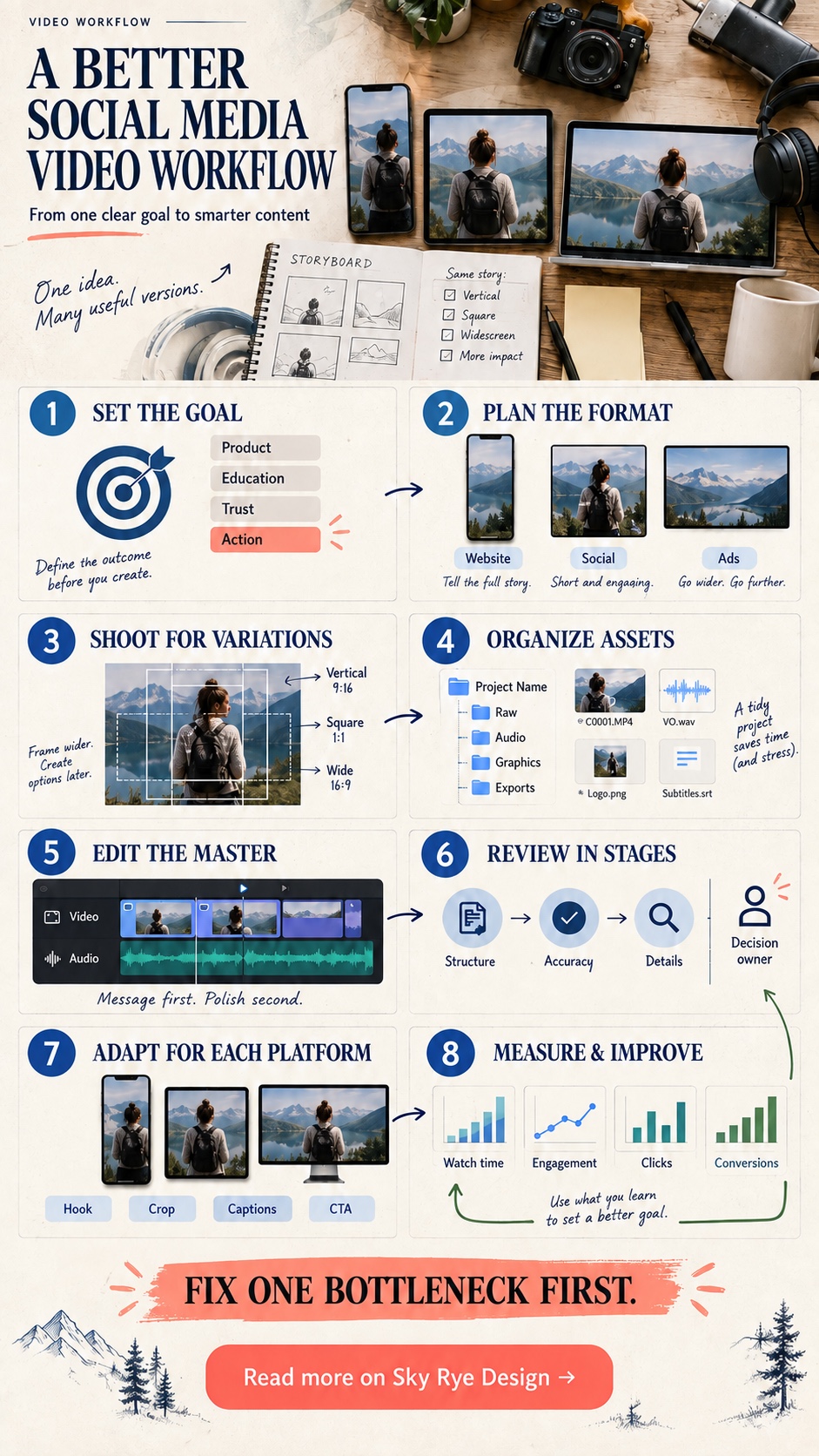 A better social media video workflow infographic Eight-step social media video workflow from goal setting to performance measurement | Sky Rye Design Eight-step social media video workflow from goal setting to performance measurement