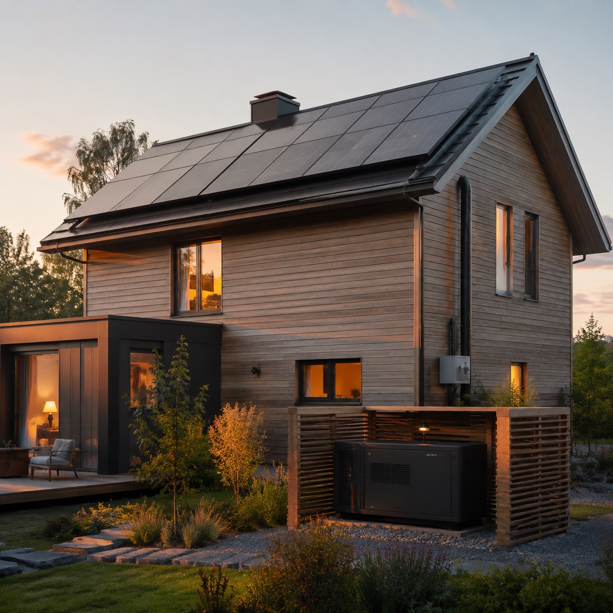 Solar Roof and Discreet Generator at a Modern Home Modern sustainable home with rooftop solar panels and a discreet side-yard generator enclosure. | Sky Rye Design Modern sustainable home with rooftop solar panels and a discreet side-yard generator enclosure.
