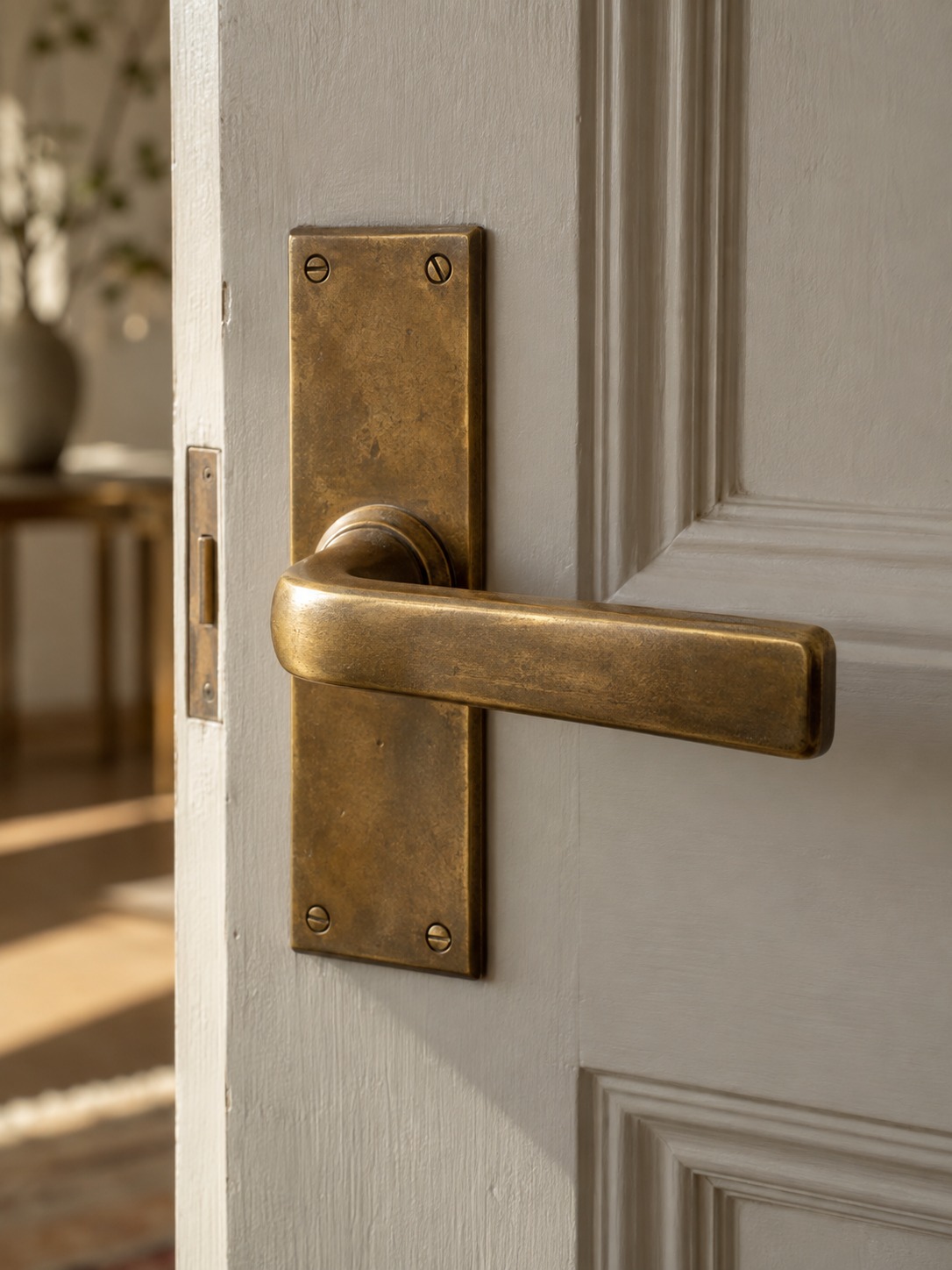 Solid brass door handle with a subtle aged patina in natural daylight