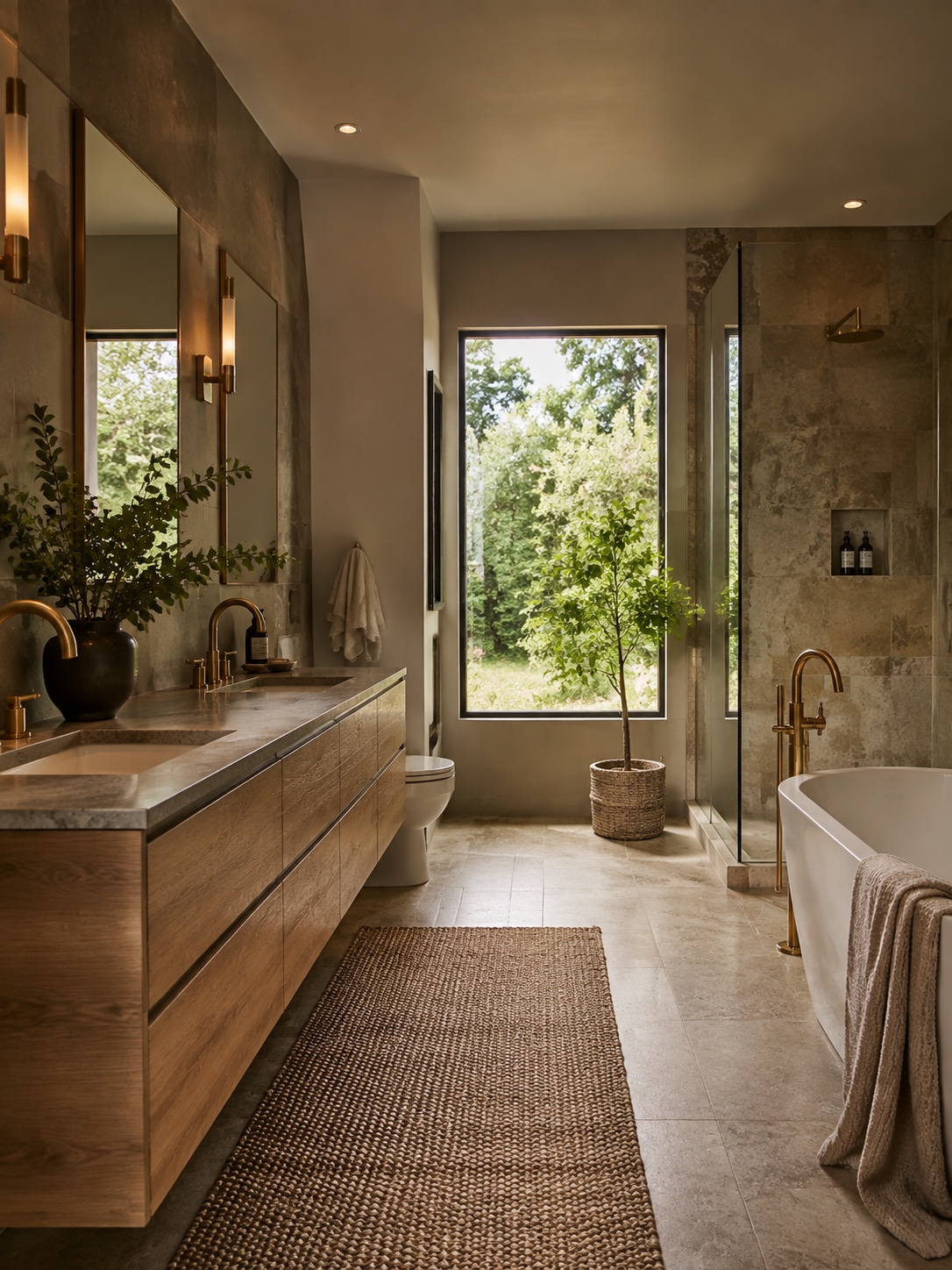 Spa Like Sustainable Bathroom Brass Fixtures Luxurious bathroom with wooden vanity, gold fixtures, and two sinks; large window with greenery outside; warm lighting. | Sky Rye Design Spa-like sustainable bathroom with warm brass fixtures, a wood-look vanity, and natural light.