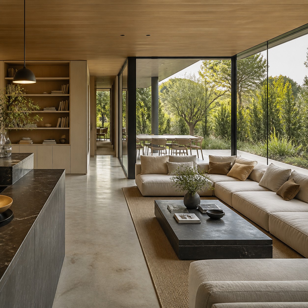 Modern living room opening to a garden terrace with floor-to-ceiling glass, low seating, and pale oak ceilings.