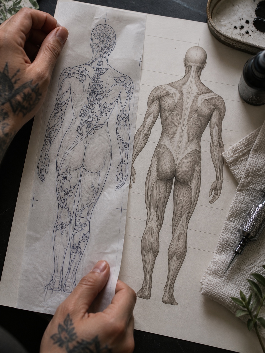 Stencil alignment with a body chart A translucent botanical stencil aligned over an anatomical outline | Sky Rye Design A translucent botanical stencil aligned over an anatomical outline