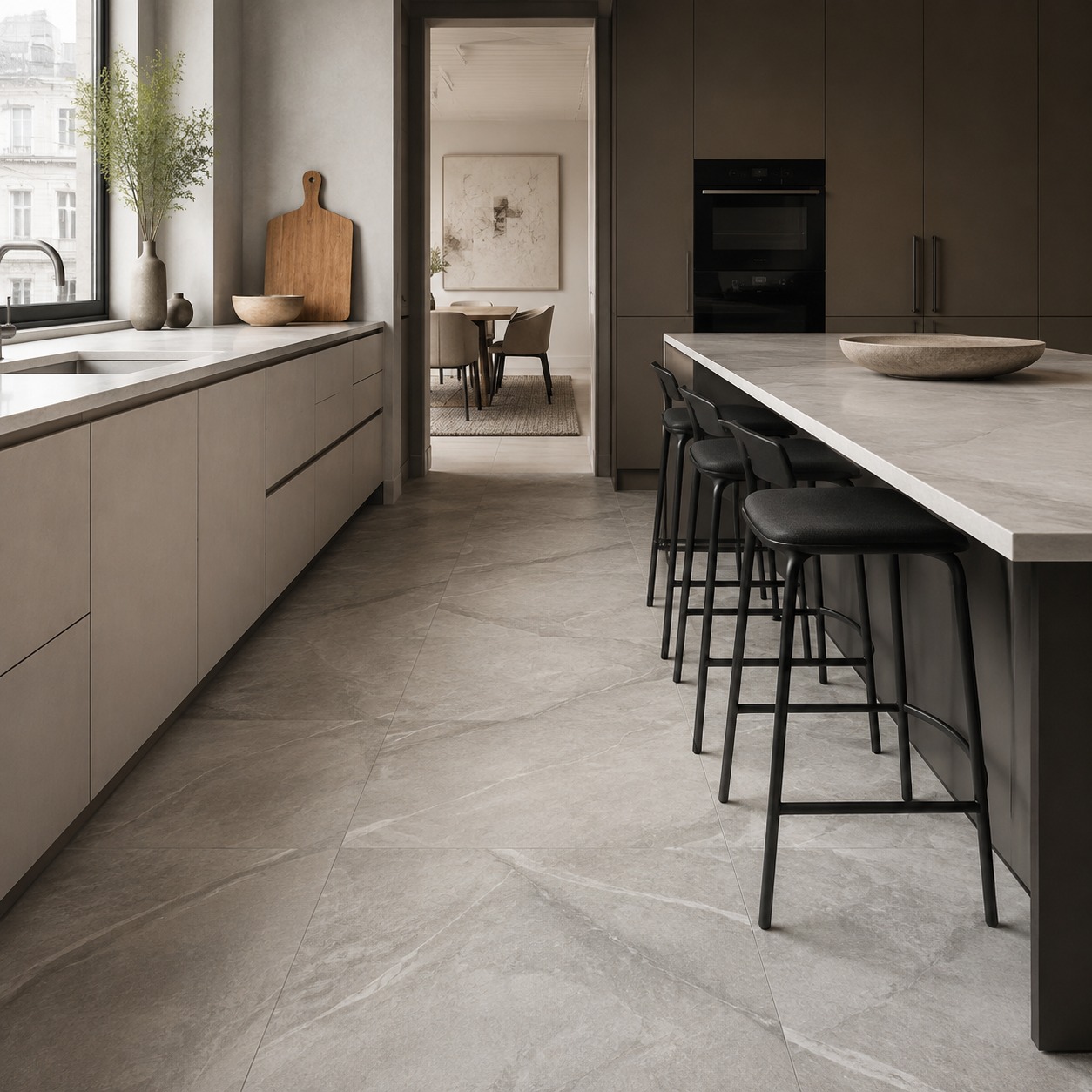 Stone-Look Porcelain Kitchen Flooring A modern kitchen with large stone-look porcelain tiles anchoring the room. | Sky Rye Design A modern kitchen with large stone-look porcelain tiles anchoring the room.