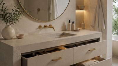 Premium bathroom vanity with stone finish, open deep drawers, organized storage and champagne hardware