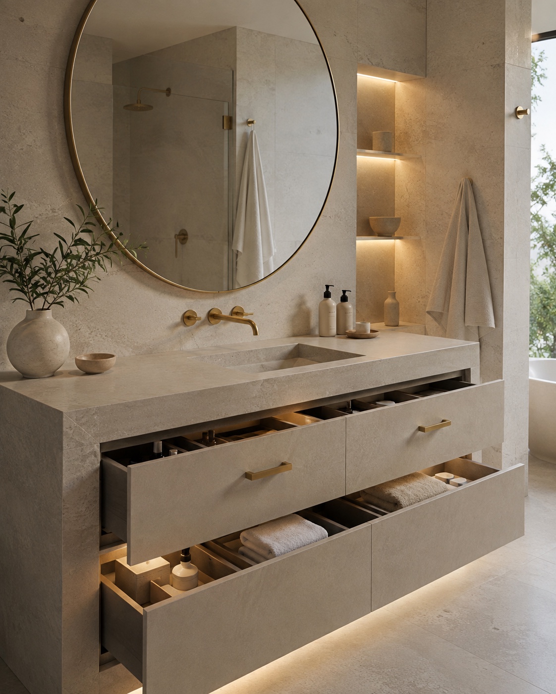 Premium bathroom vanity with stone finish, open deep drawers, organized storage and champagne hardware
