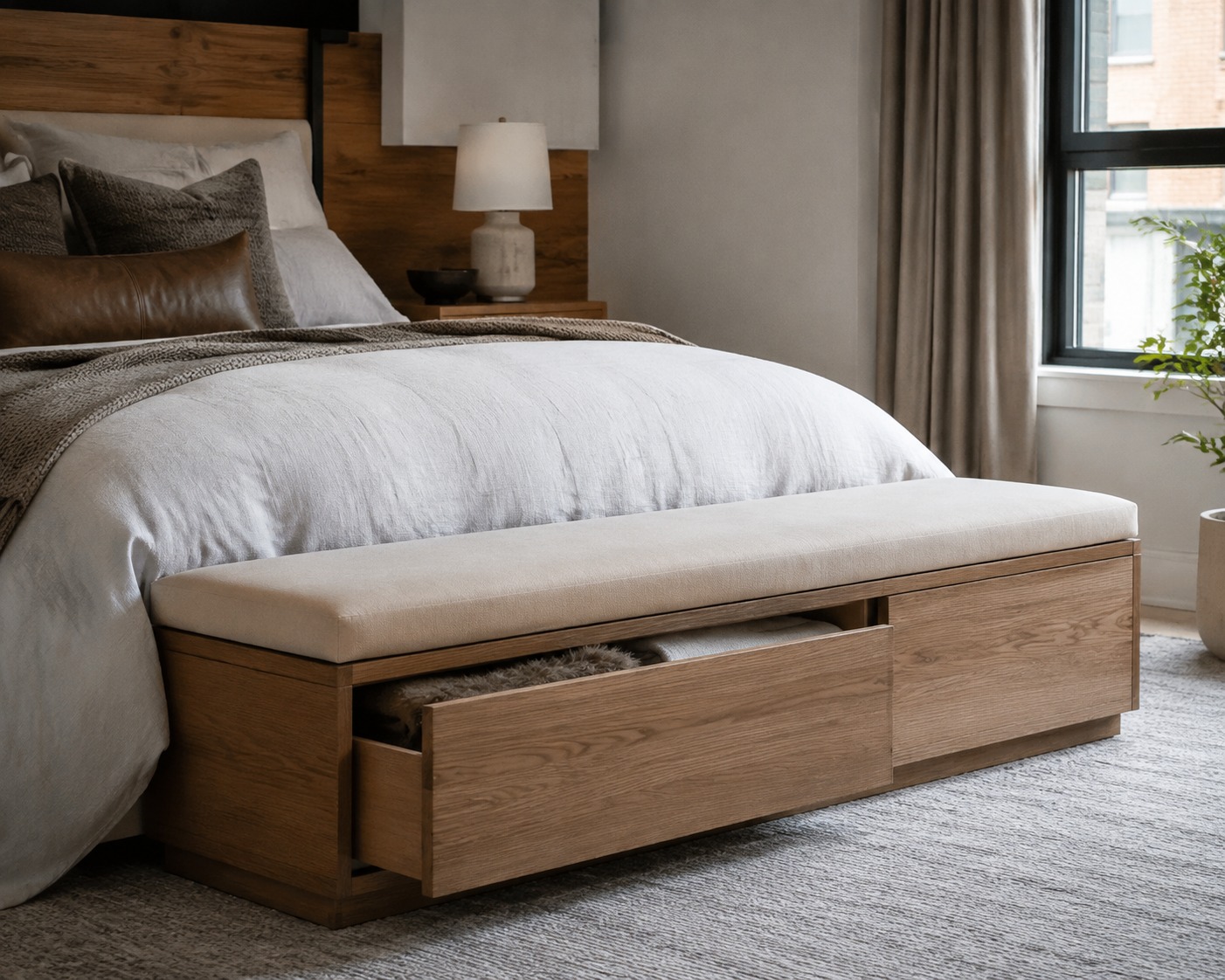Storage Bench Concealed Bedroom Storage Storage bench at the foot of a bed with concealed storage inside | Sky Rye Design Storage bench at the foot of a bed with concealed storage inside