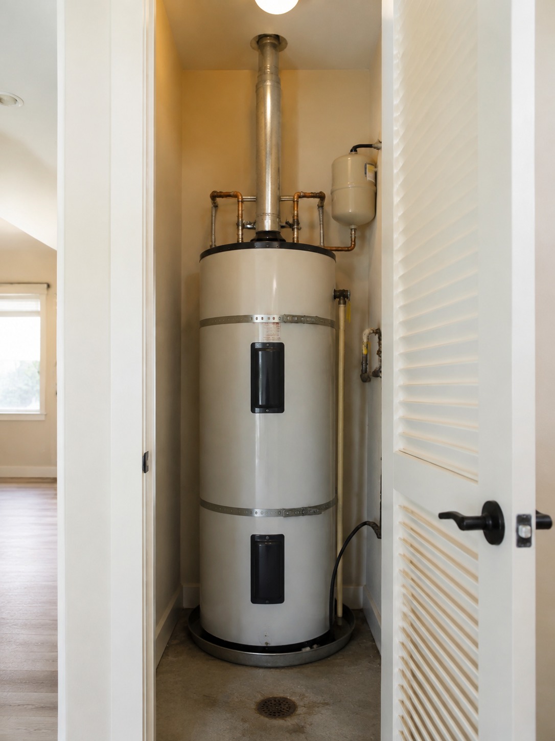 storage tank water heater installed in a dedicated utility closet with floor drain and venting