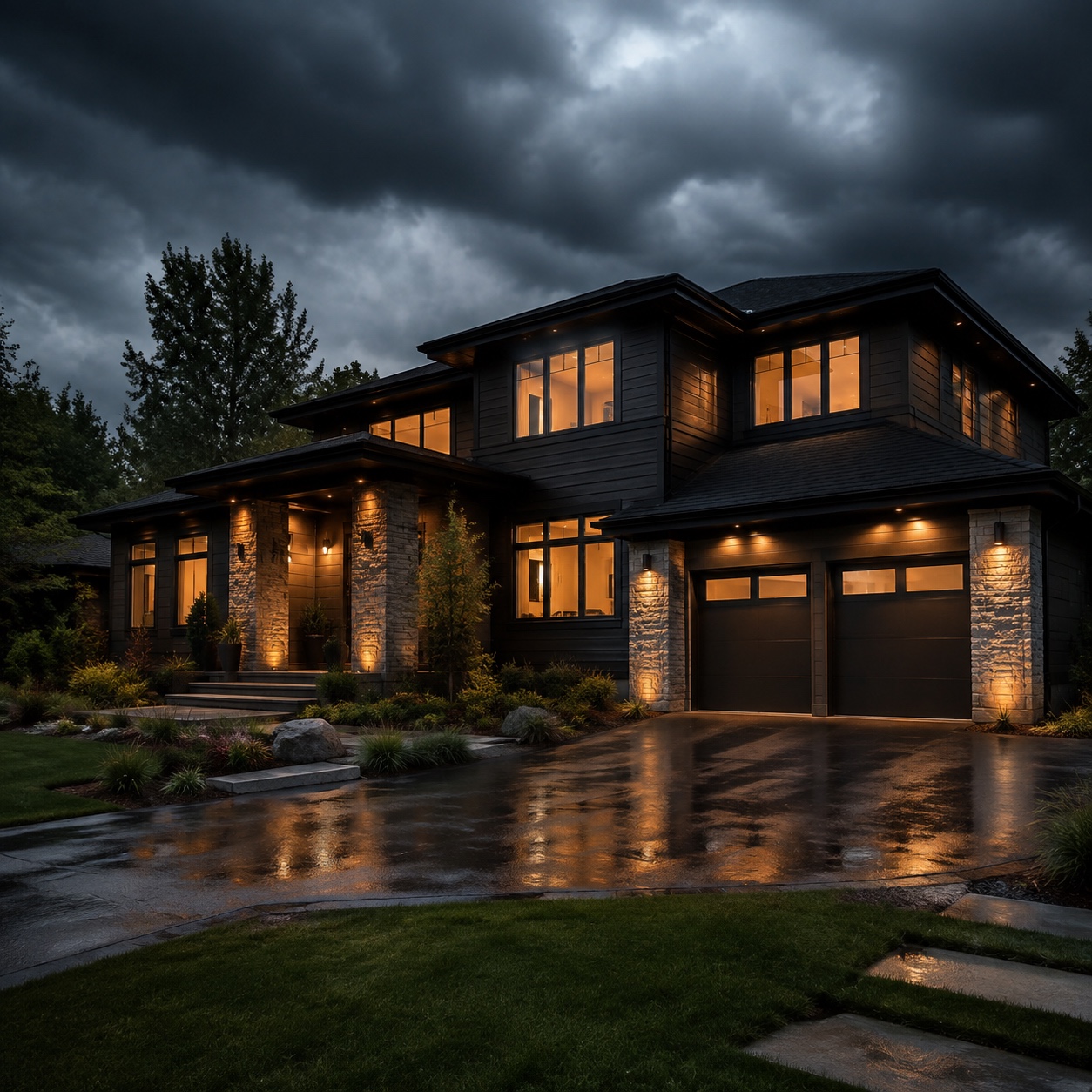 Modern Home With Power During a Storm Modern home exterior under storm clouds with warm lights on inside and wet paving outside. | Sky Rye Design Modern home exterior under storm clouds with warm lights on inside and wet paving outside.