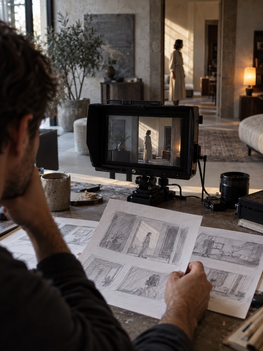 Storyboard matched to a camera frame Filmmaker comparing a pencil storyboard panel with the matching composition on a camera monitor. | Sky Rye Design Filmmaker comparing a pencil storyboard panel with the matching composition on a camera monitor.