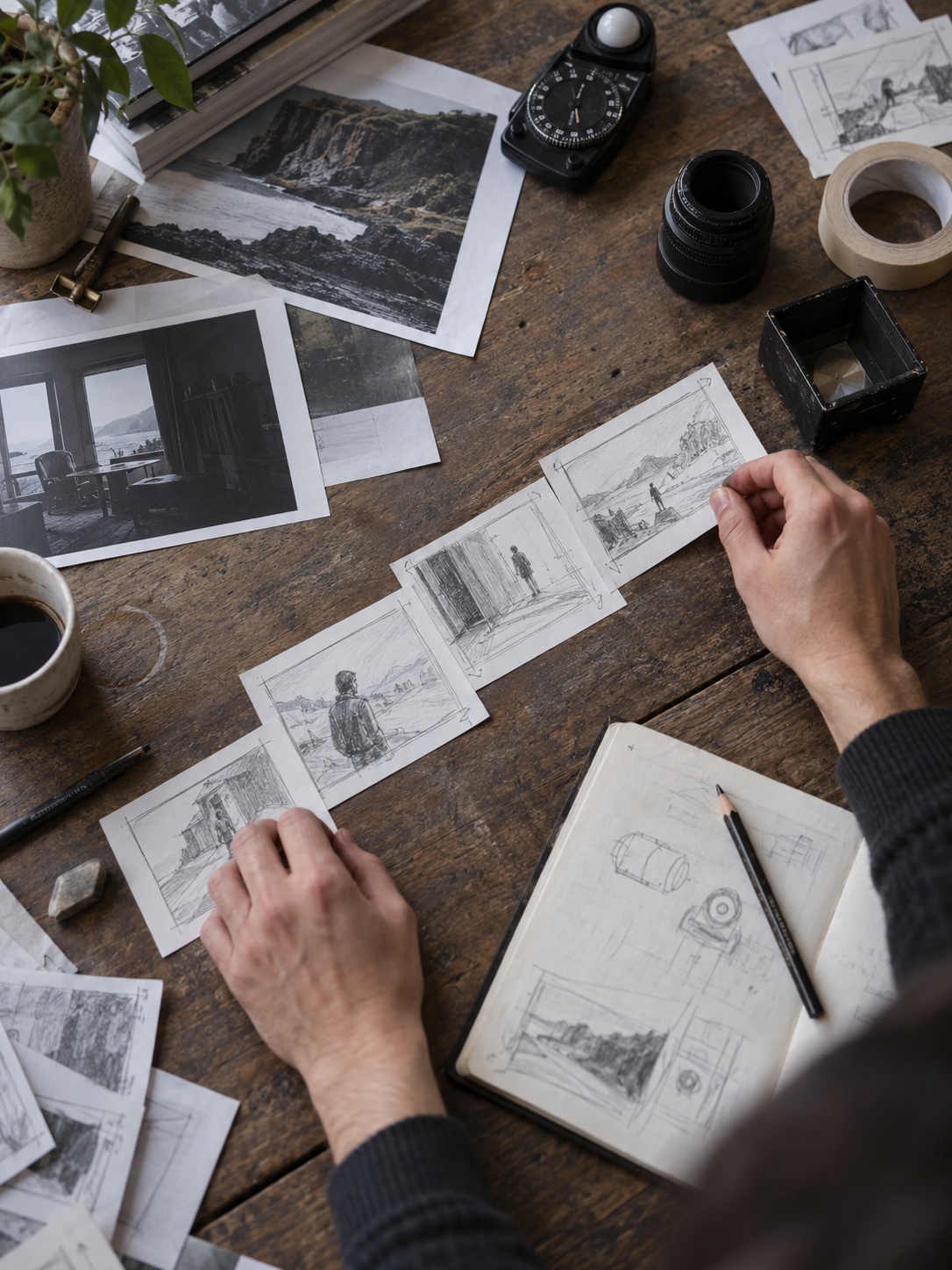 Storyboard thumbnail planning desk Hands arranging storyboard thumbnails, location stills, and camera-planning tools on a smoked-oak desk. | Sky Rye Design Hands arranging storyboard thumbnails, location stills, and camera-planning tools on a smoked-oak desk.