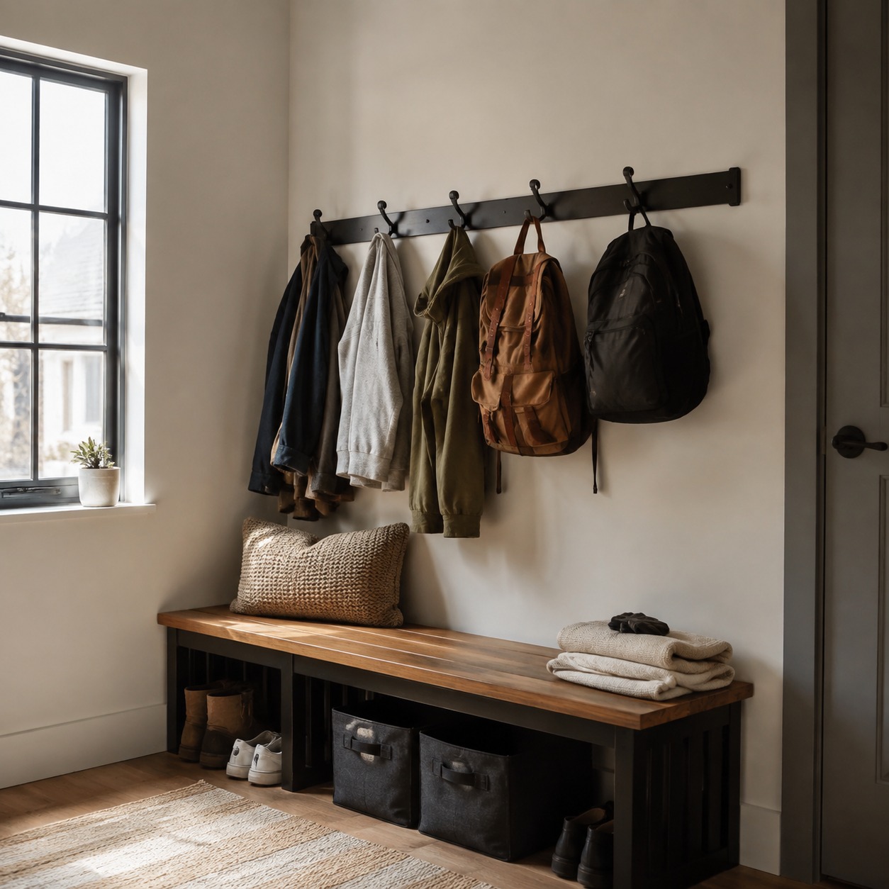 Student apartment entry drop zone Entry bench with wall hooks for coats and bags plus shoe storage below. | Sky Rye Design Entry bench with wall hooks for coats and bags plus shoe storage below.