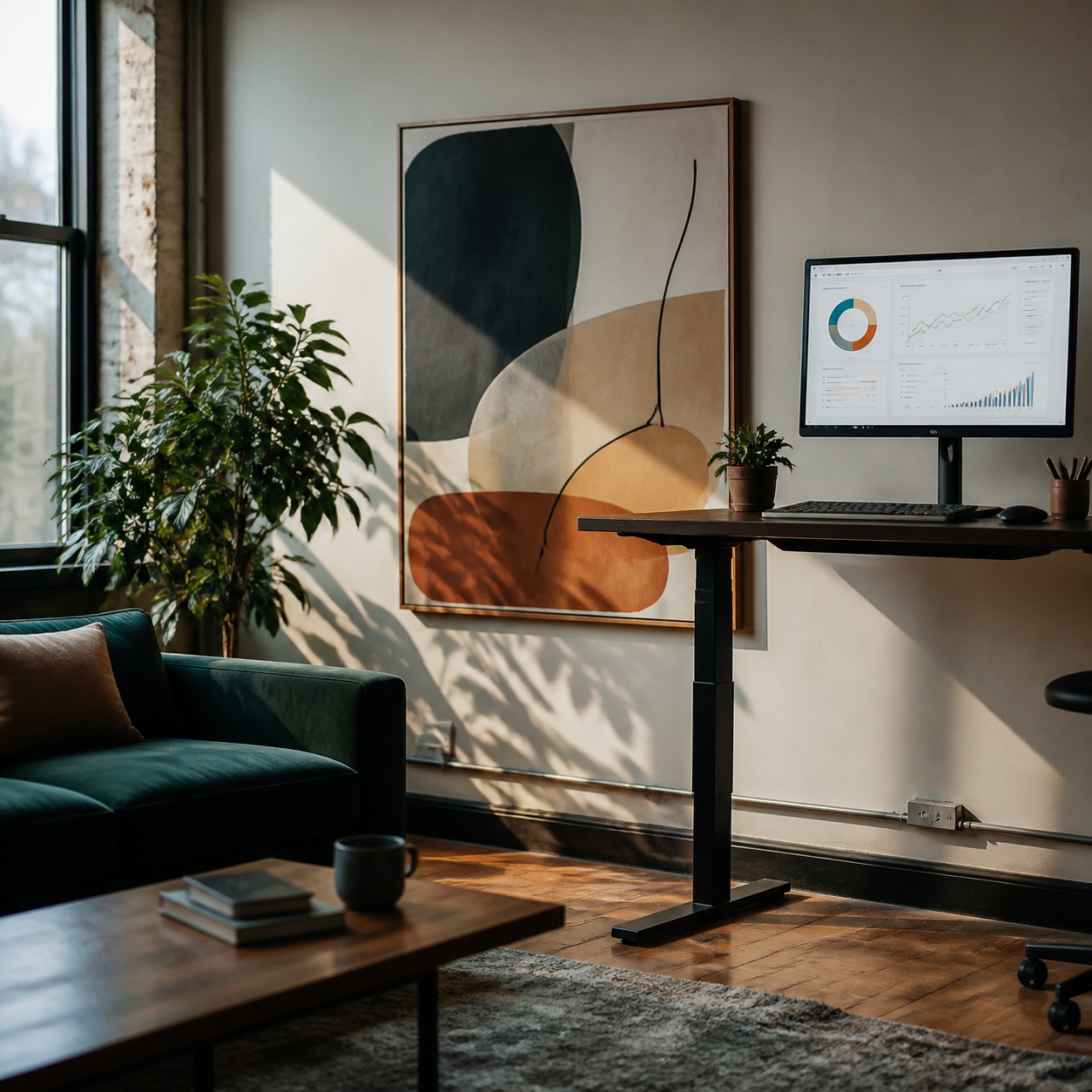 Stylish studio lounge with a standing desk and clean analytics dashboard