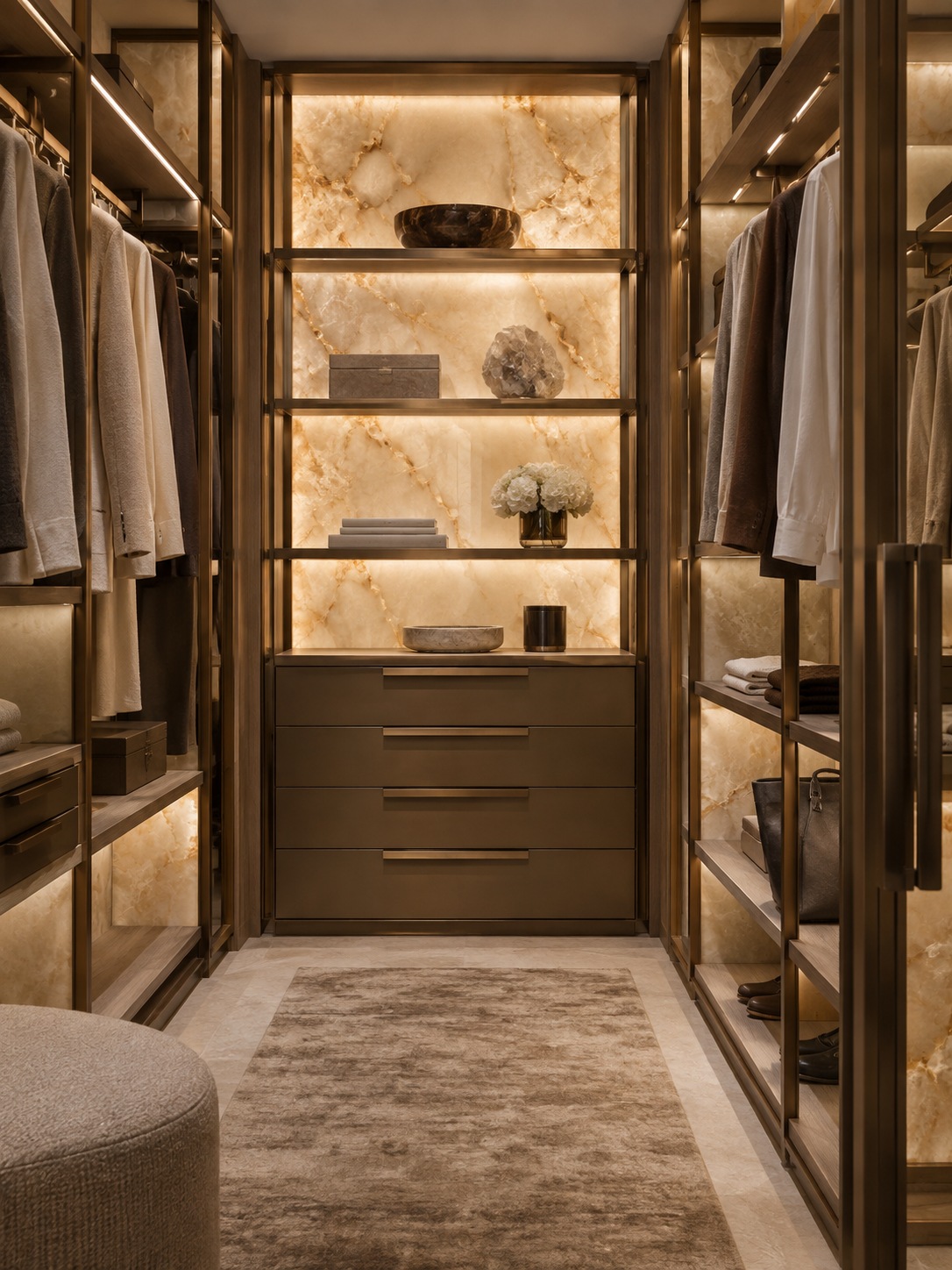 Walk-in closet with backlit onyx shelving and matte bronze hardware