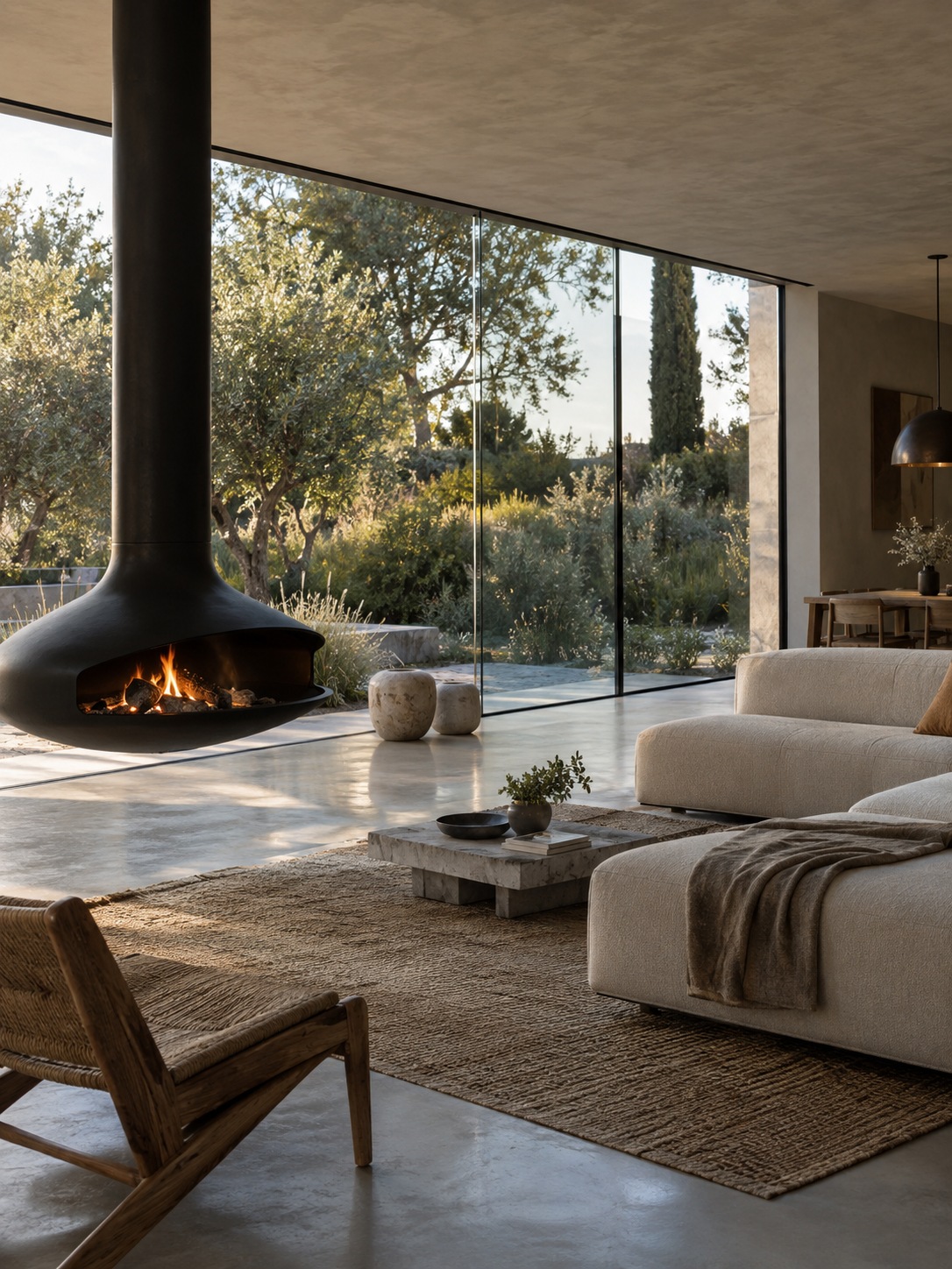 Open-plan living room with a floating fireplace and floor-to-ceiling garden glazing