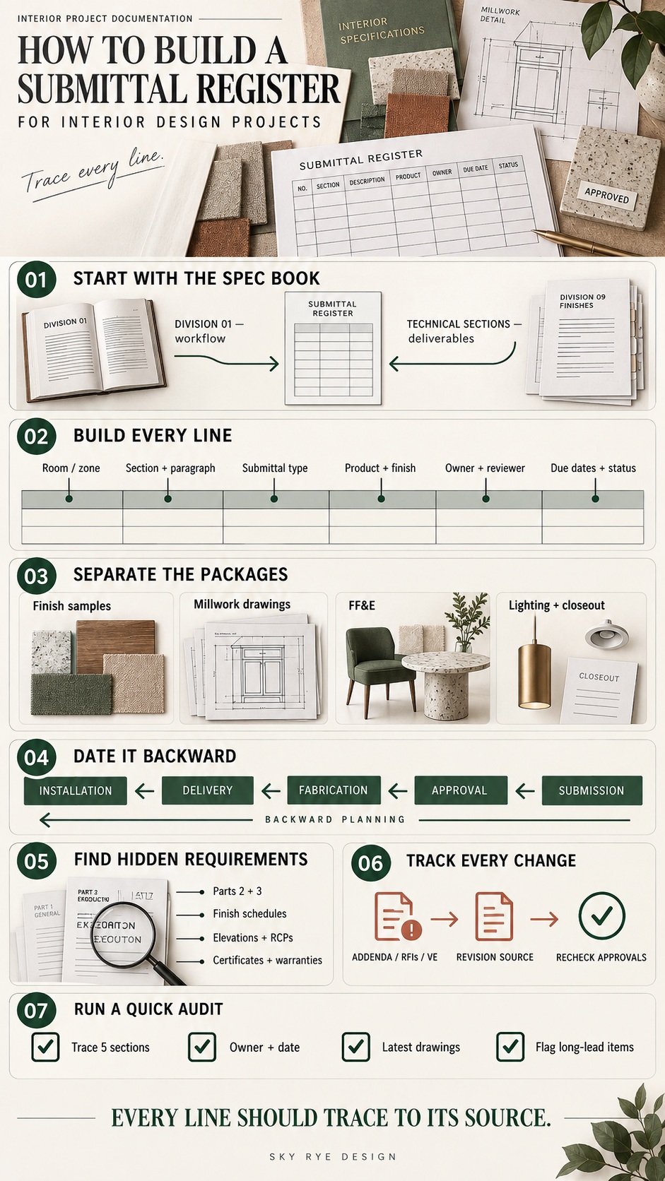 Infographic showing how to build a submittal register for interior design projects