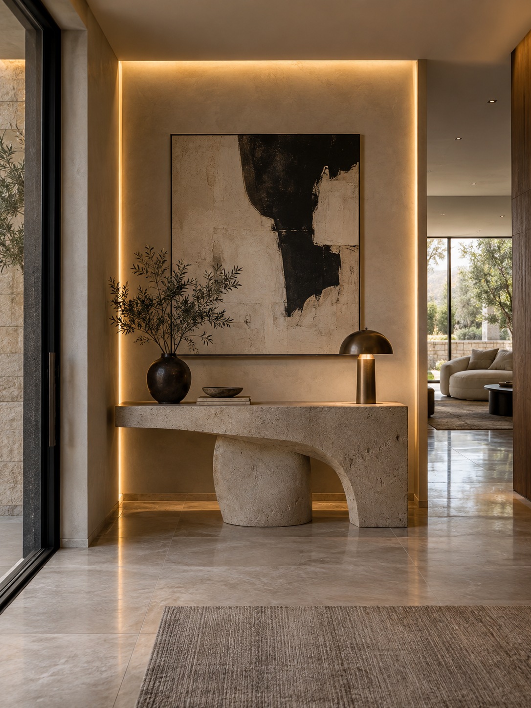 Modern entryway with a sculptural console and integrated illuminated wall niche