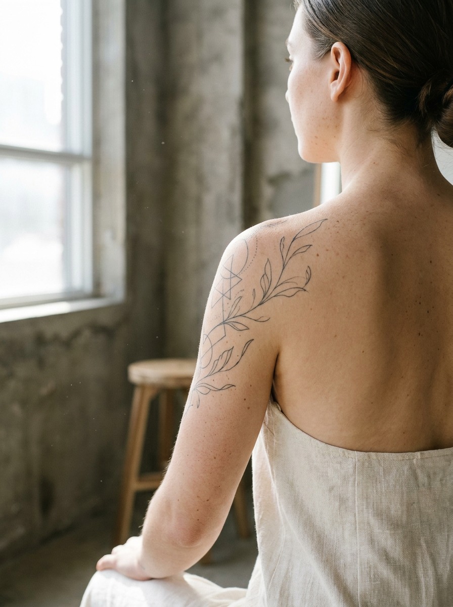 Subtle tattoo on a bare shoulder and upper back in a minimalist studio