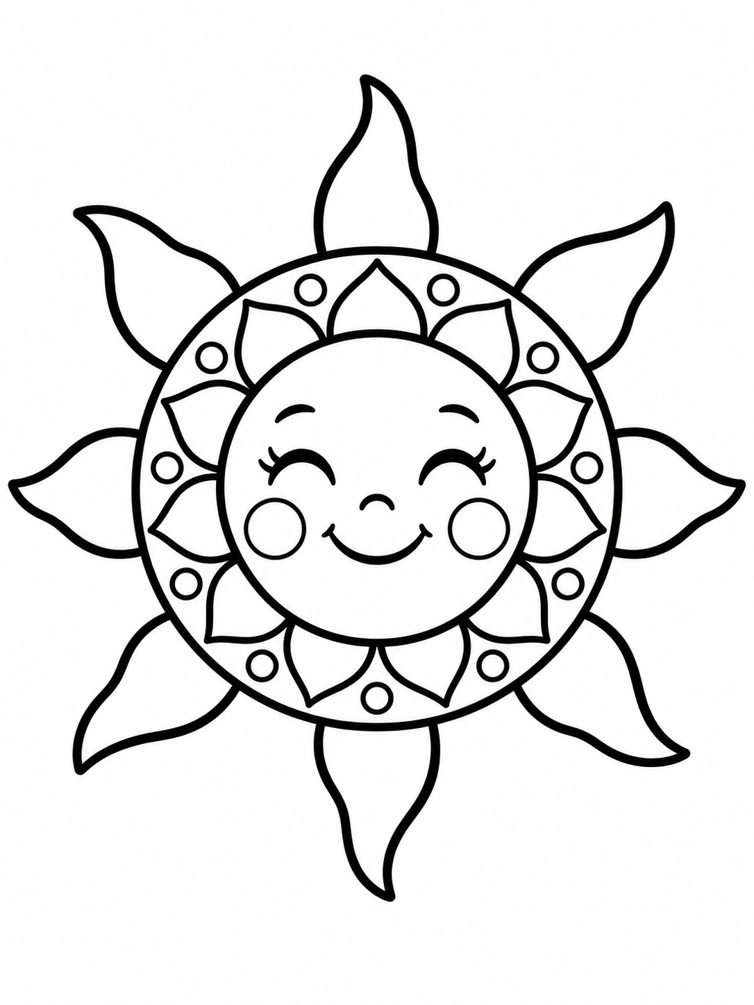 Sun mandala easy coloring page Round smiling sun mandala with eight large rays and bold repeated shapes. | Sky Rye Design Round smiling sun mandala with eight large rays and bold repeated shapes.