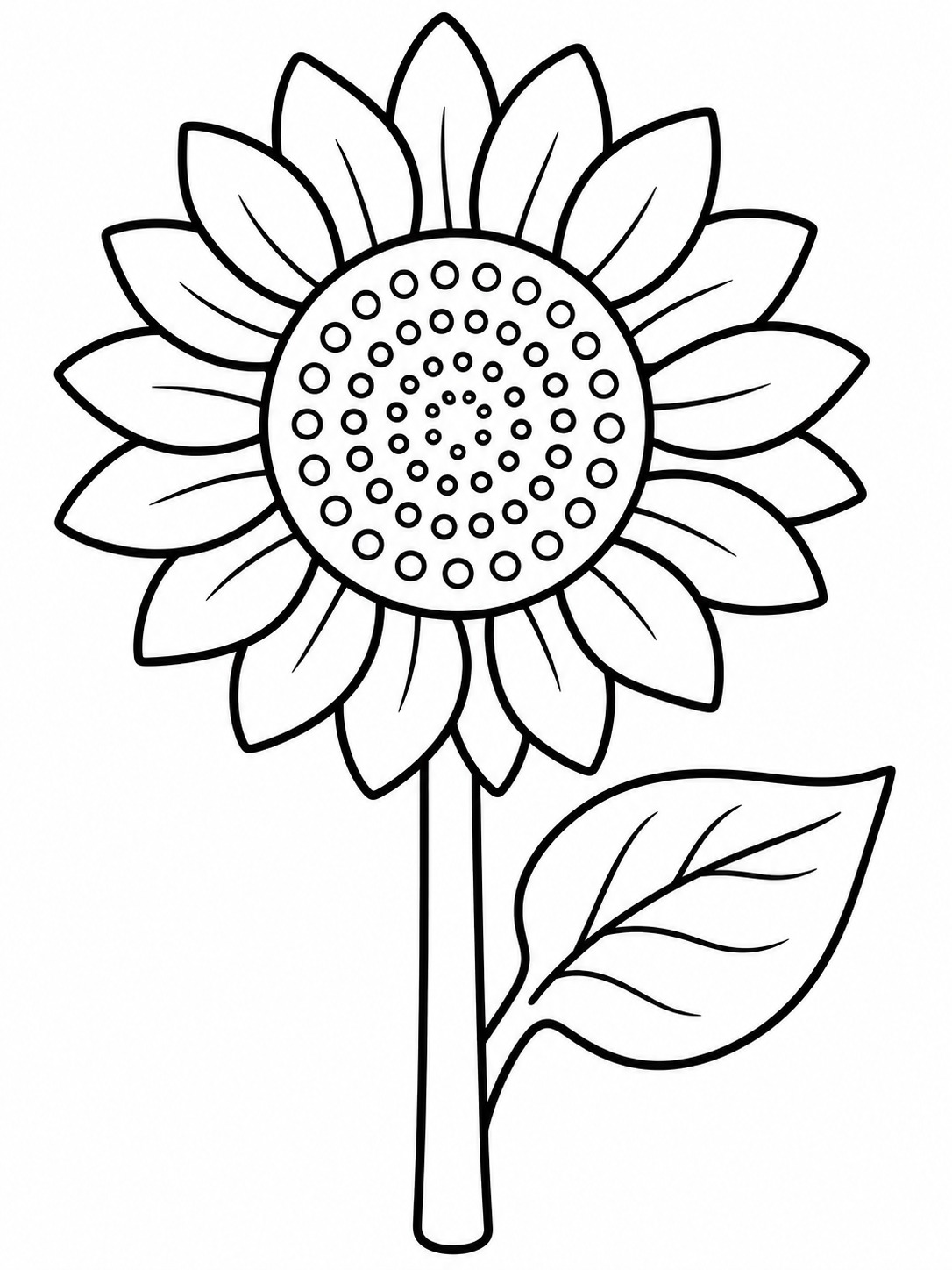 Sunflower easy coloring page Large sunflower with a thick stem, one leaf, and bold petal outlines. | Sky Rye Design Large sunflower with a thick stem, one leaf, and bold petal outlines.