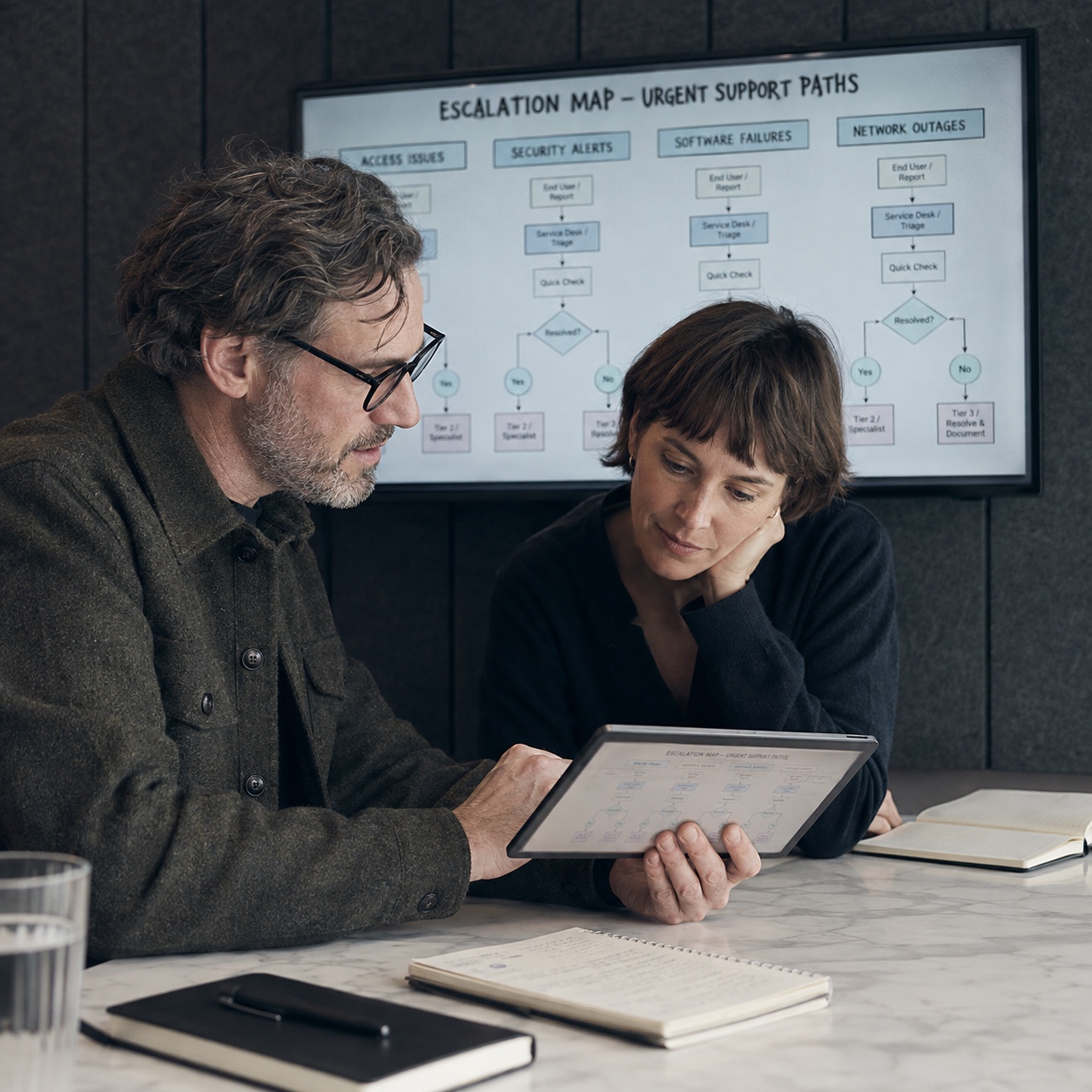 Project manager and art director reviewing a one-page support escalation map on a tablet.