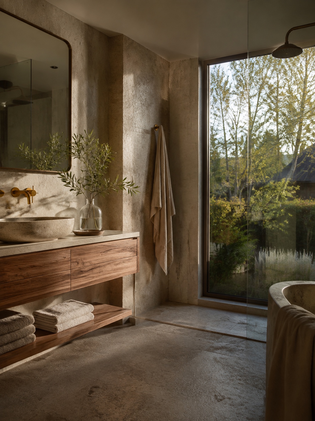 Sustainable Bathroom Design Golden Hour Hero Sophisticated sustainable bathroom interior with natural materials and golden-hour light. | Sky Rye Design Sophisticated sustainable bathroom interior with natural materials and golden-hour light.