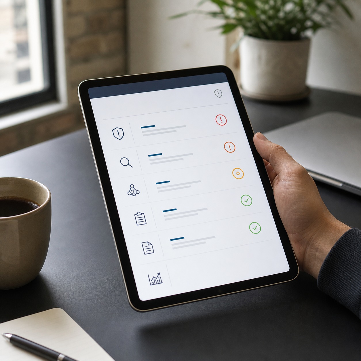 Hand holding a tablet with an incident response checklist on a studio desk