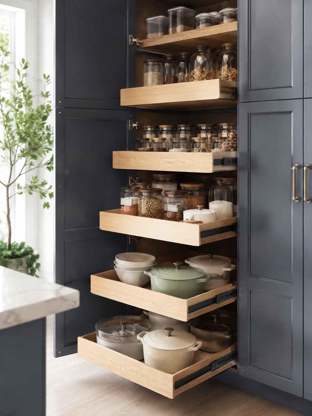Tall pantry pull-out shelving system tall kitchen pantry cabinet with organized pull-out shelves | Sky Rye Design tall kitchen pantry cabinet with organized pull-out shelves