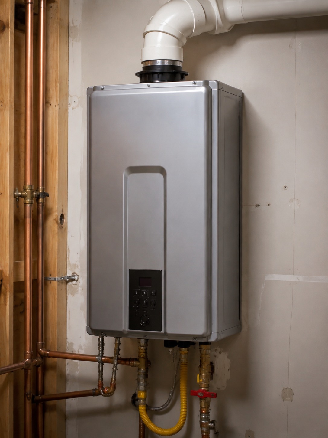 tankless water heater mounted on a wall with visible venting and gas line connections